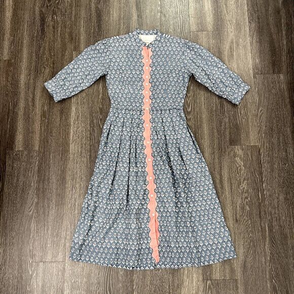 Daydress 100% Cotton Handwoven Blue Floral Button Midi Dress Medium Cottagecore - Picture 3 of 16